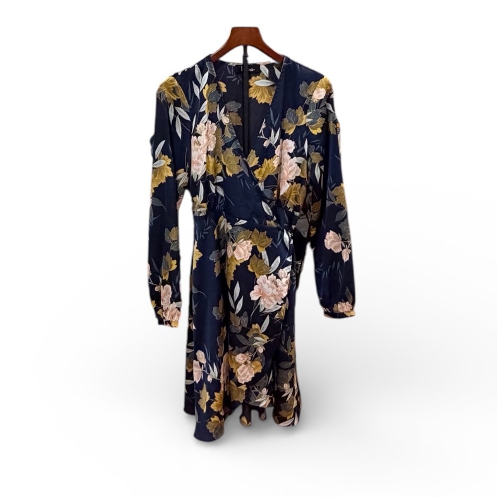 Stunning Lulus Navy Blue Floral Wrap Mini Dress Long Sleeve‎ V-Neck Small